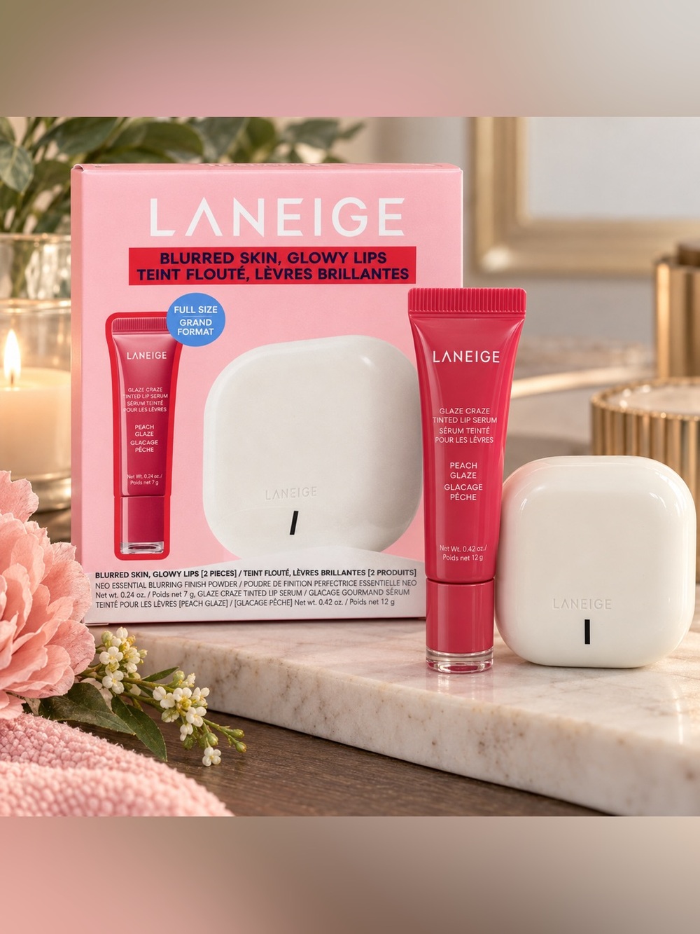 Laneige Blurred Skin Glowy Lips Set • Full Size Setting Powder & Tinted Lip NIB